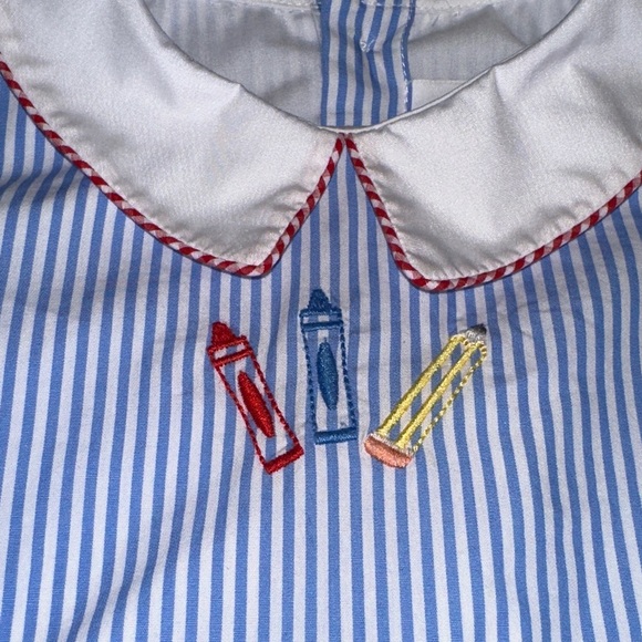 EUC The Proper Peony blue stripe school theme bubble romper 18mo - Picture 3 of 4